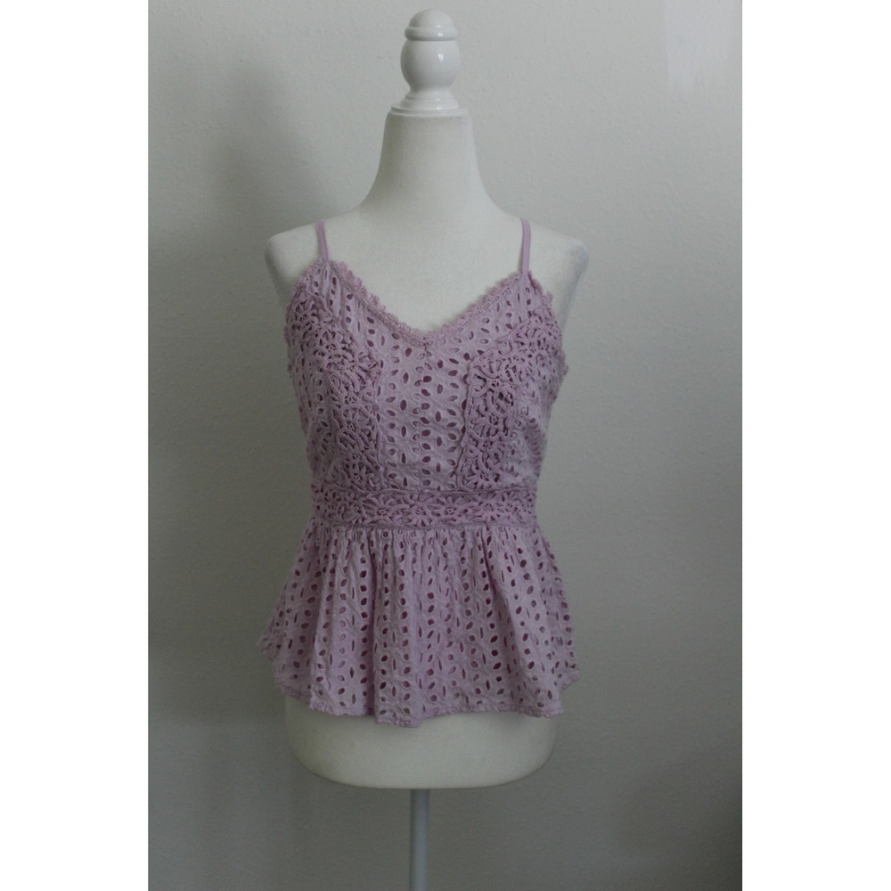 Japna Lavender Eyelet Lace Peplum Cami Top Purple Smocked Back Womens Size M